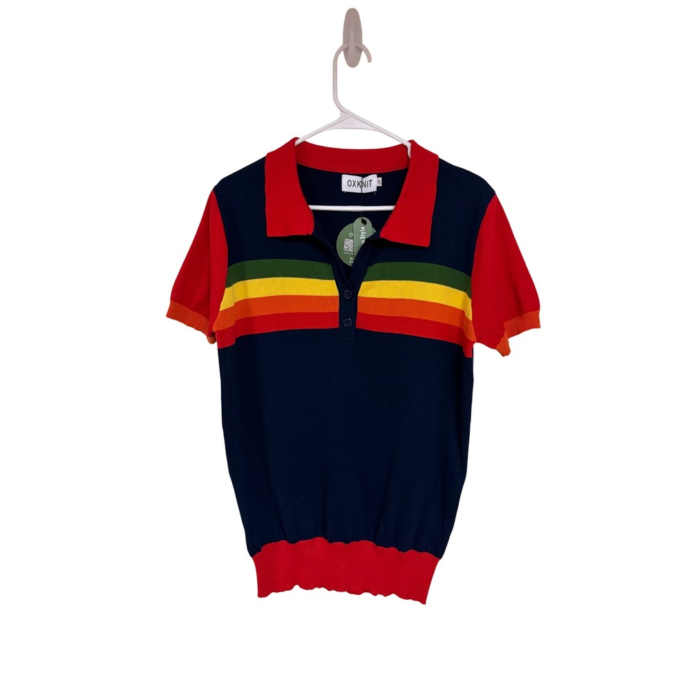 OXKNIT Retro 70s Striped Polo Sweater Navy Red Multi Color Cotton Knit XL